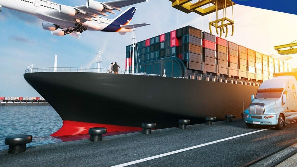 A collage of different freight transportation methods: air, sea, and land.